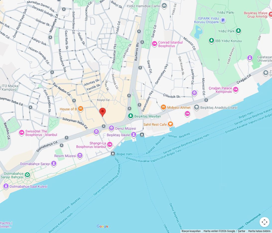 Google haritasında Sinanpaşa, Ortabahçe No:11 çevresi; Beşiktaş Meydanı ve İstanbul Boğazı